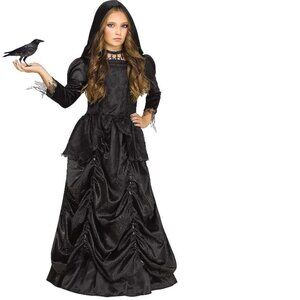 Wicked Evil Queen Halloween Costume 12/14 Black Gothic Hooded Hoop Skirt Gown